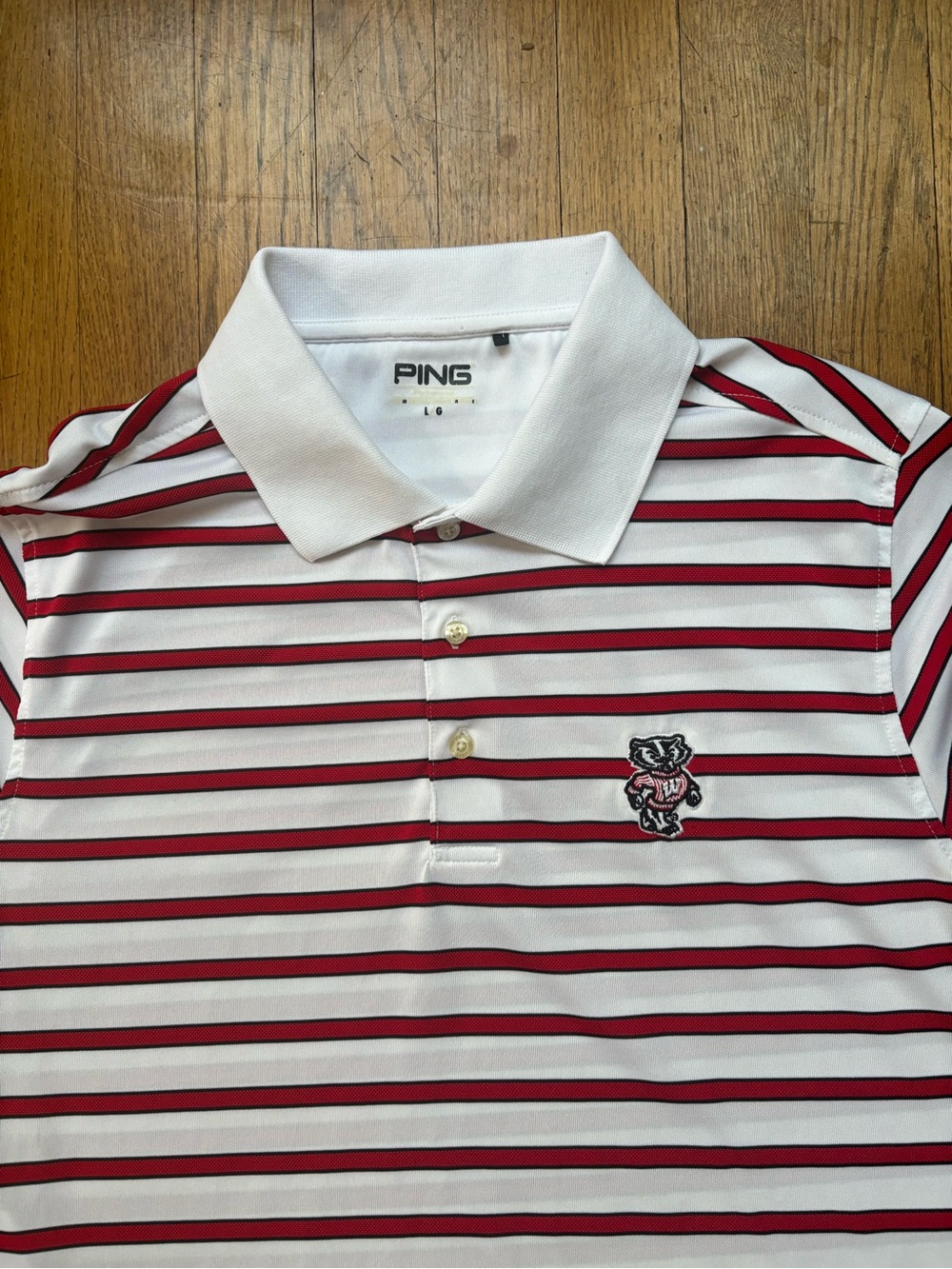 Ping Performance Wisconsin Badger Short Sleeve Polo M White Red Striped Golf - Picture 1 of 11